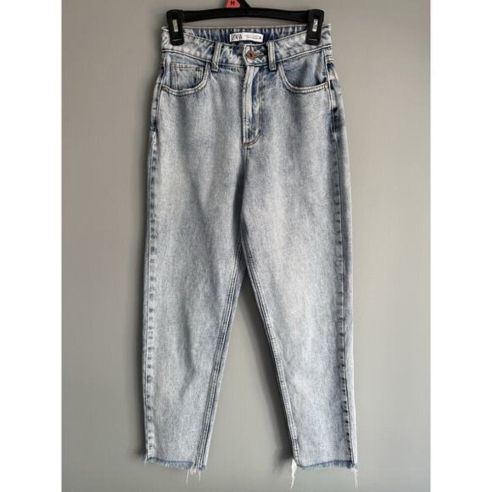 Zara High Rise Straight Leg Jeans Light Wash Raw Hem Cropped 2 Y2K Minimalist